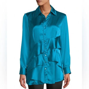 Finley Jenna Long Sleeve Satin Tiered Blouse in Turquoise - Size Small